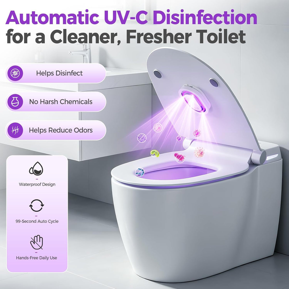 UV-C Toilet Lid Sanitizer, Helps Reduce Odors, Automatic 99-Second Cycle