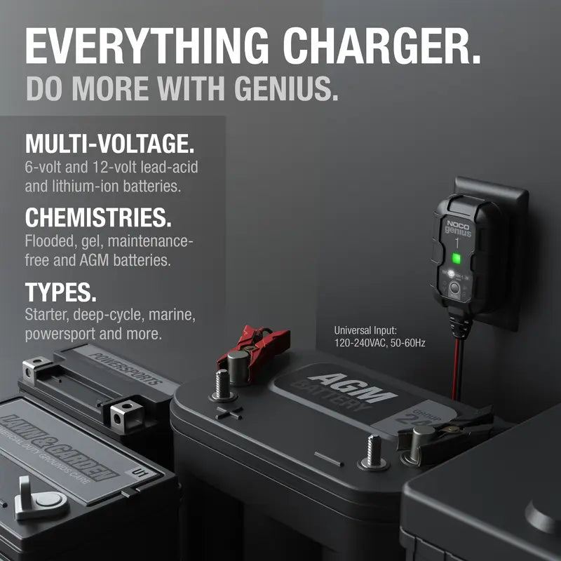 NOCO GENIUS1 1A Smart Battery Charger, 6V and 12V, Battery Maintainer, Trickle Charger and Desulfator